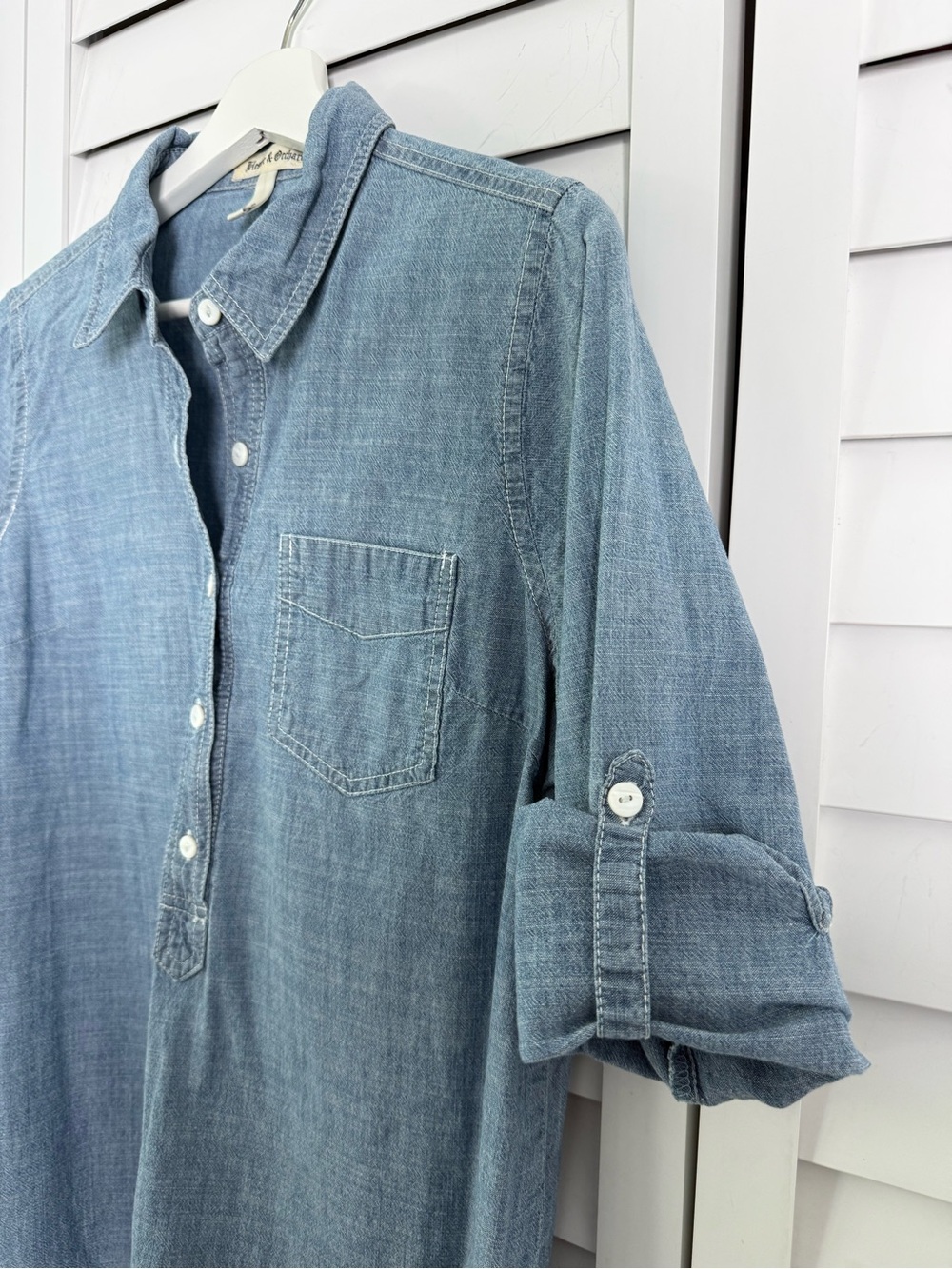 Popover style chambray shirt with rollup sleeves : Hester and Orchard